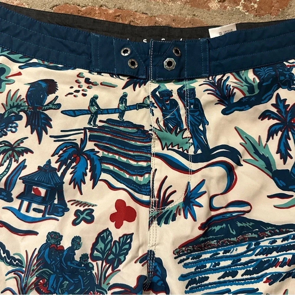 VISSLA Men's Blue and Cream Tropical Hawaiian Unlined Board Swim Shorts size 34